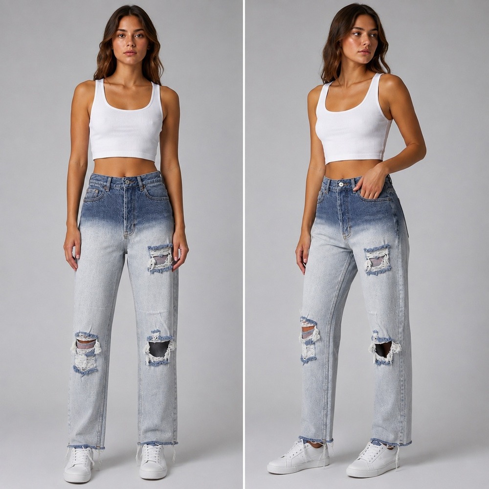 PacSun Ombre Dip Dye Distressed Mom Jeans Blue White High Waisted Straight Leg